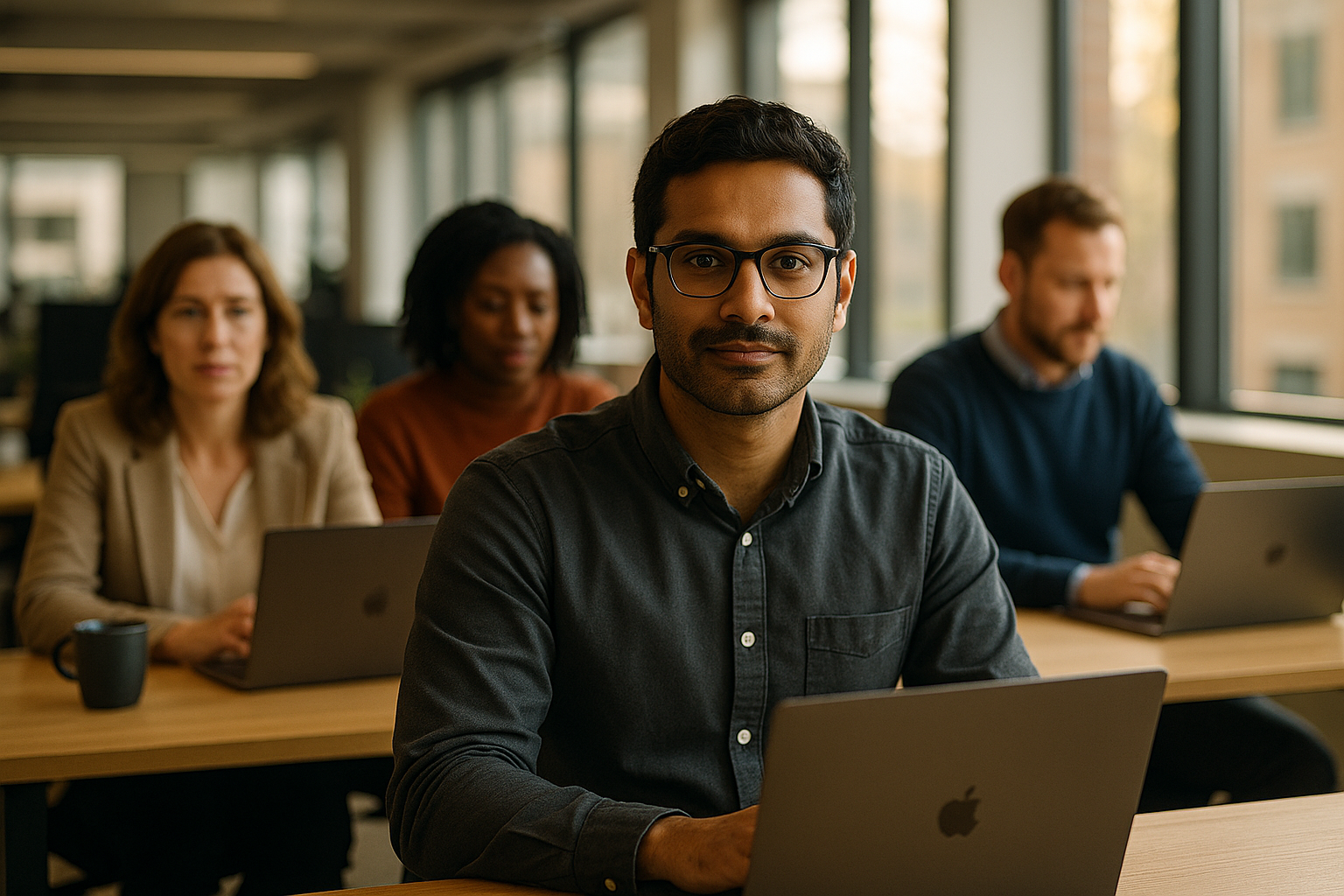 British professionals in a modern office discussing quantum computing UK