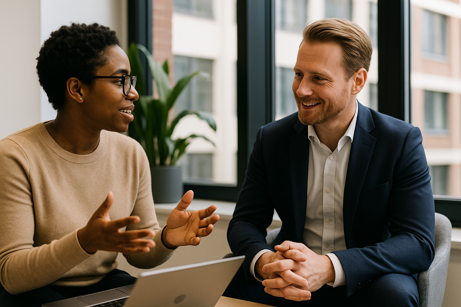 Two UK professionals discussing career next steps for quantum computing UK