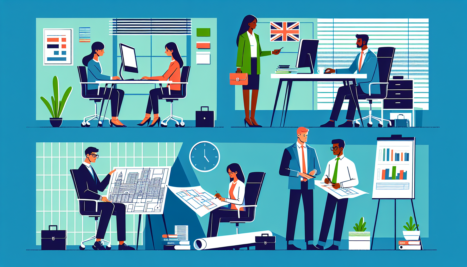 Diverse UK professionals in a modern office setting