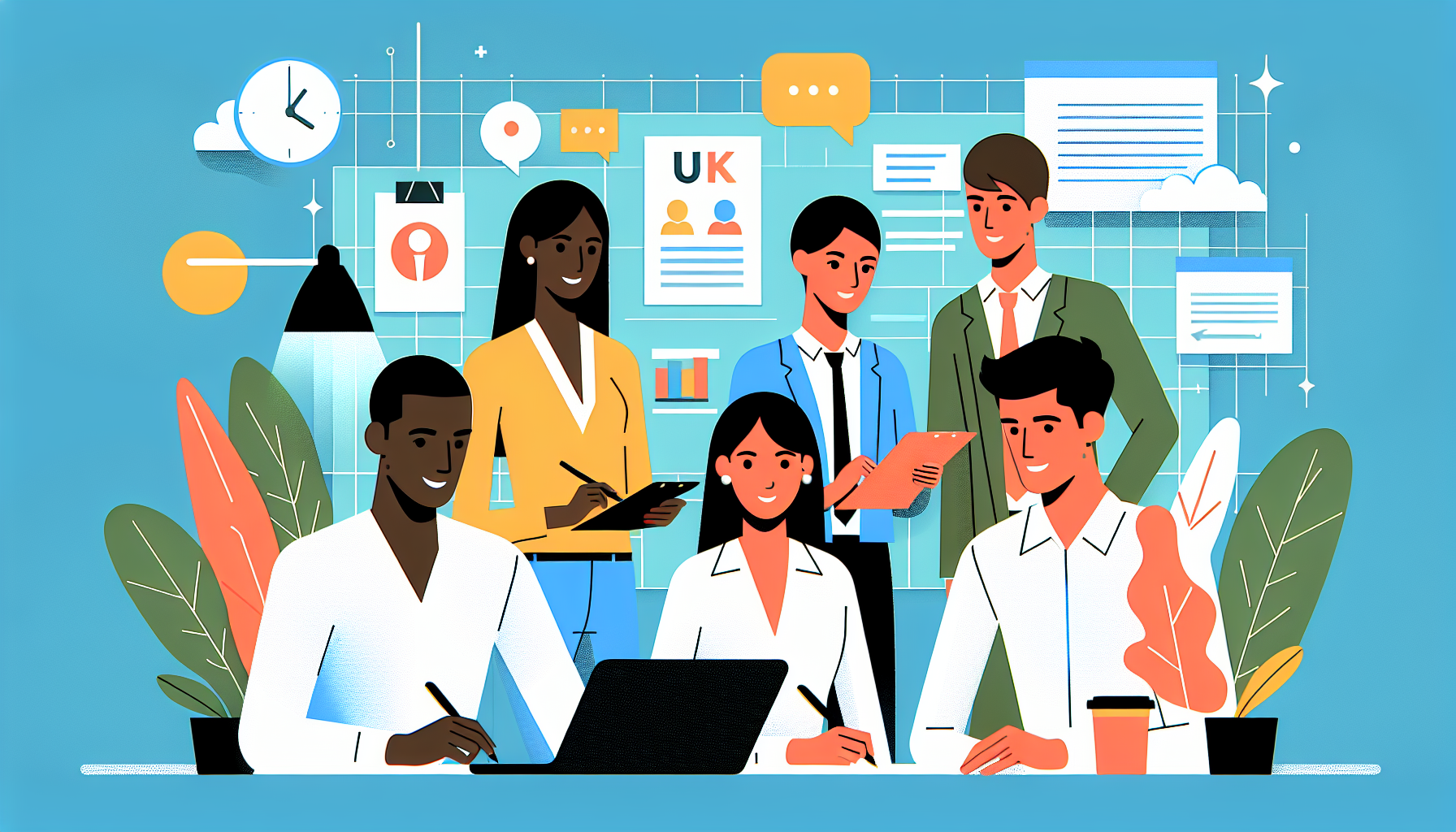UK workplace team collaborating on tasks