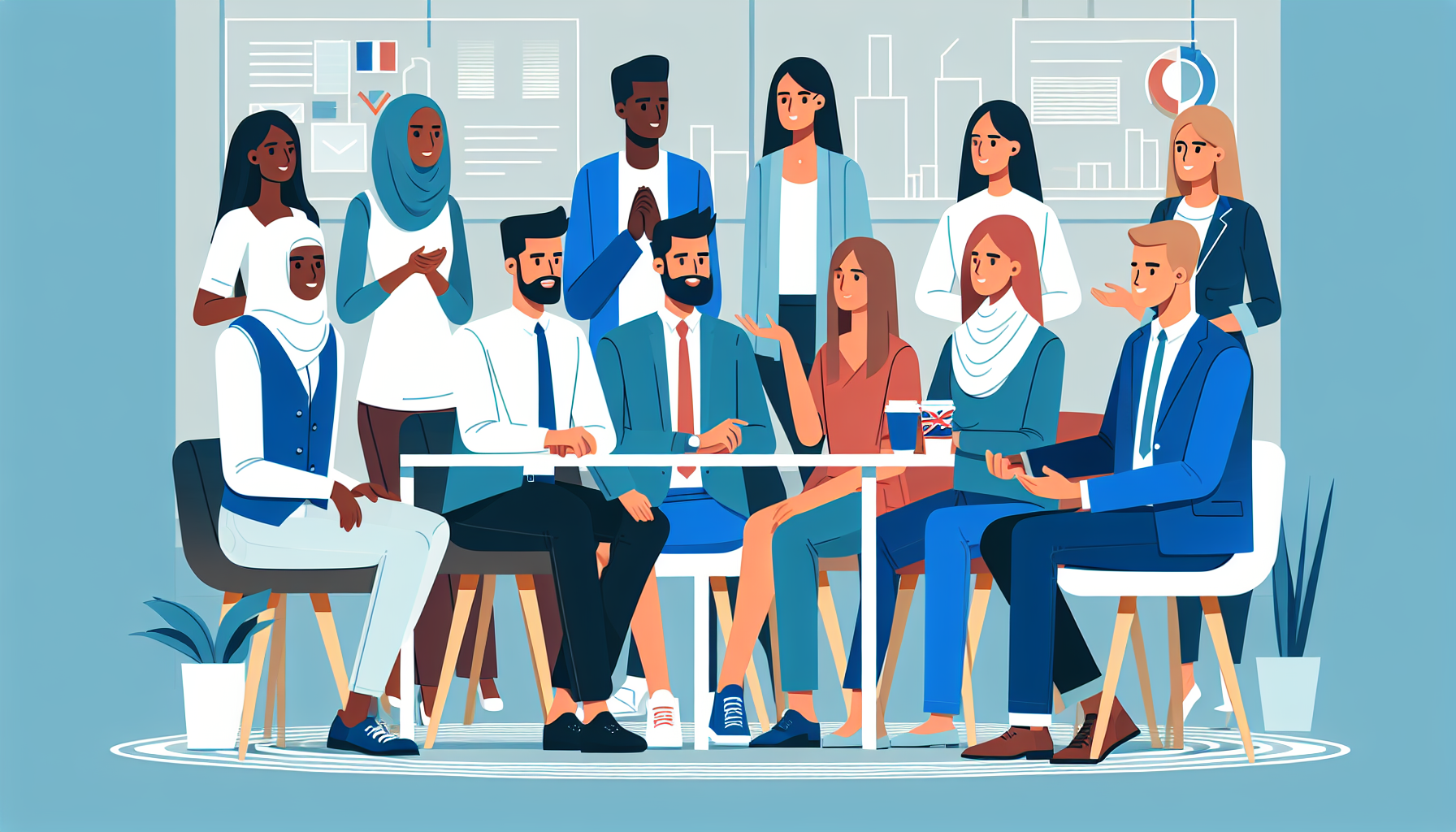 Group of UK professionals in relaxed discussion