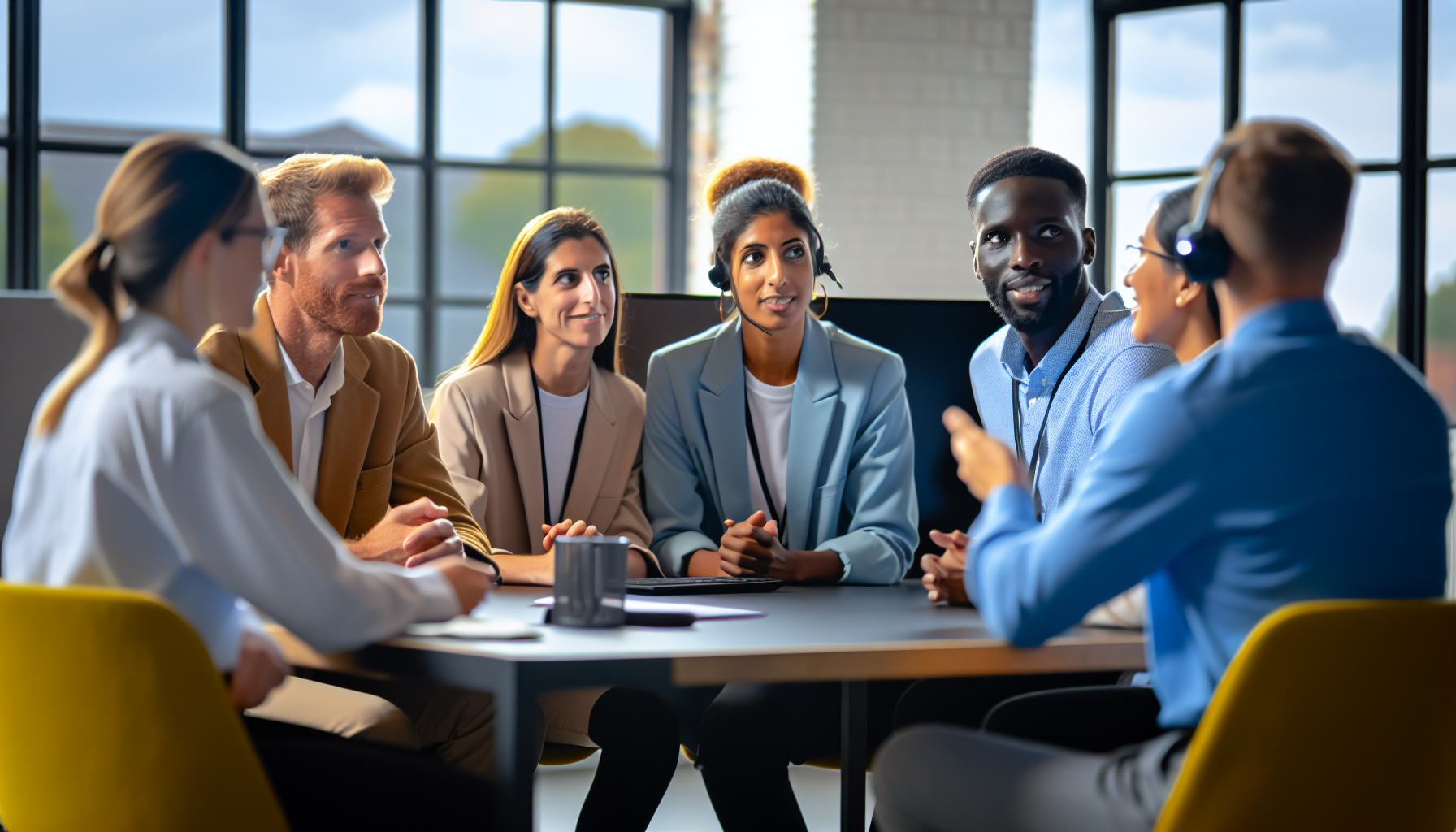 UK professionals in a team meeting in a modern office setting.