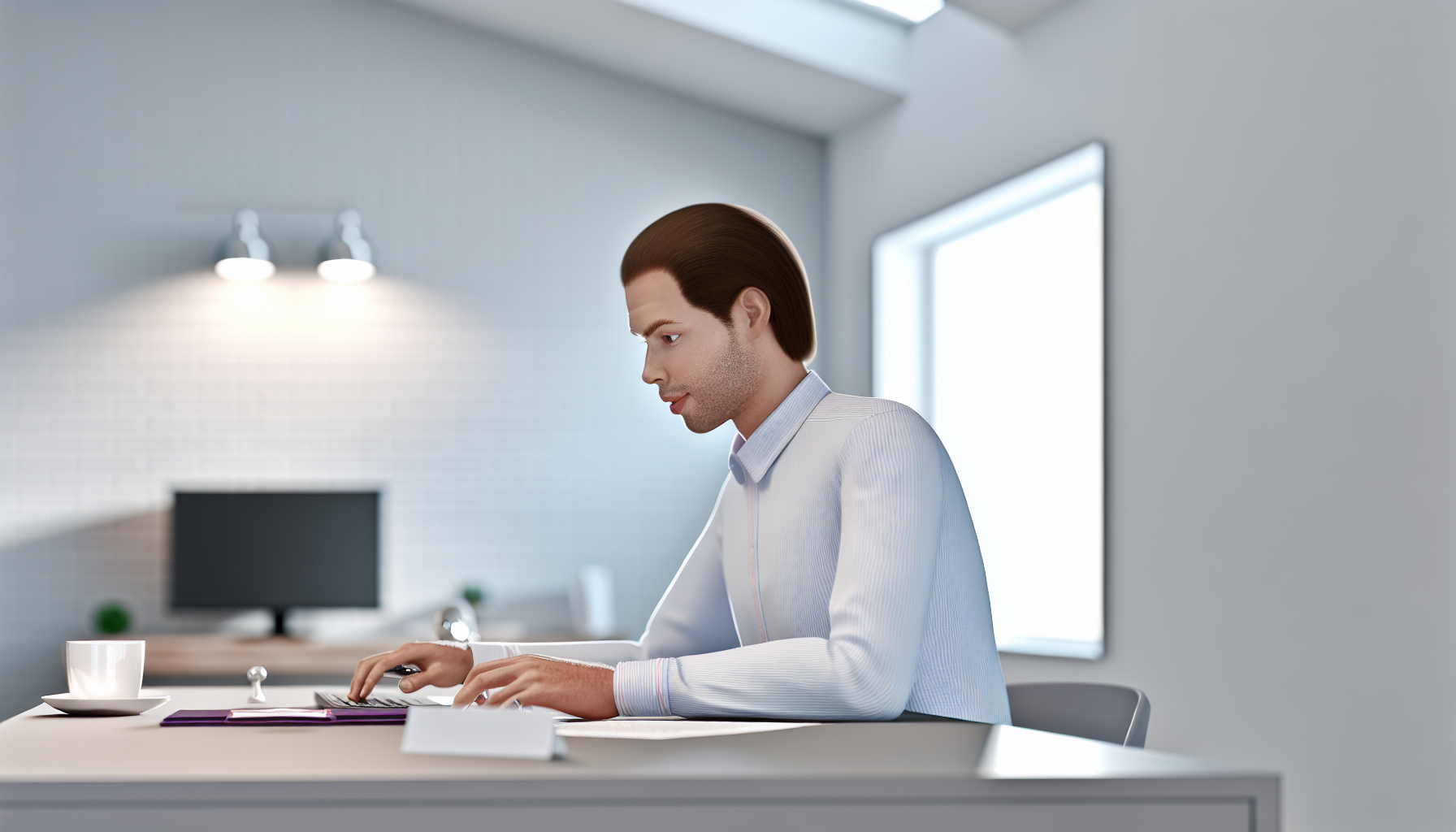 UK professional focused on work at a tidy modern desk.