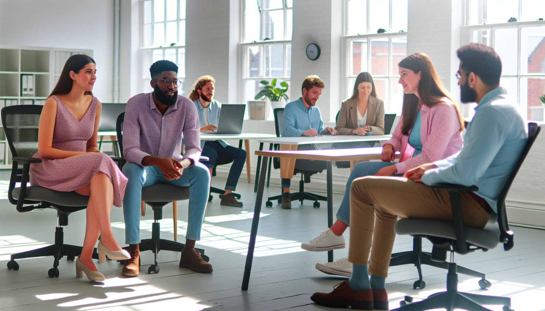 Diverse UK team in a collaborative discussion in a bright office.