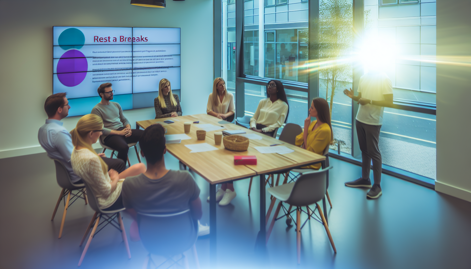 Team meeting with diverse professionals in a UK office.