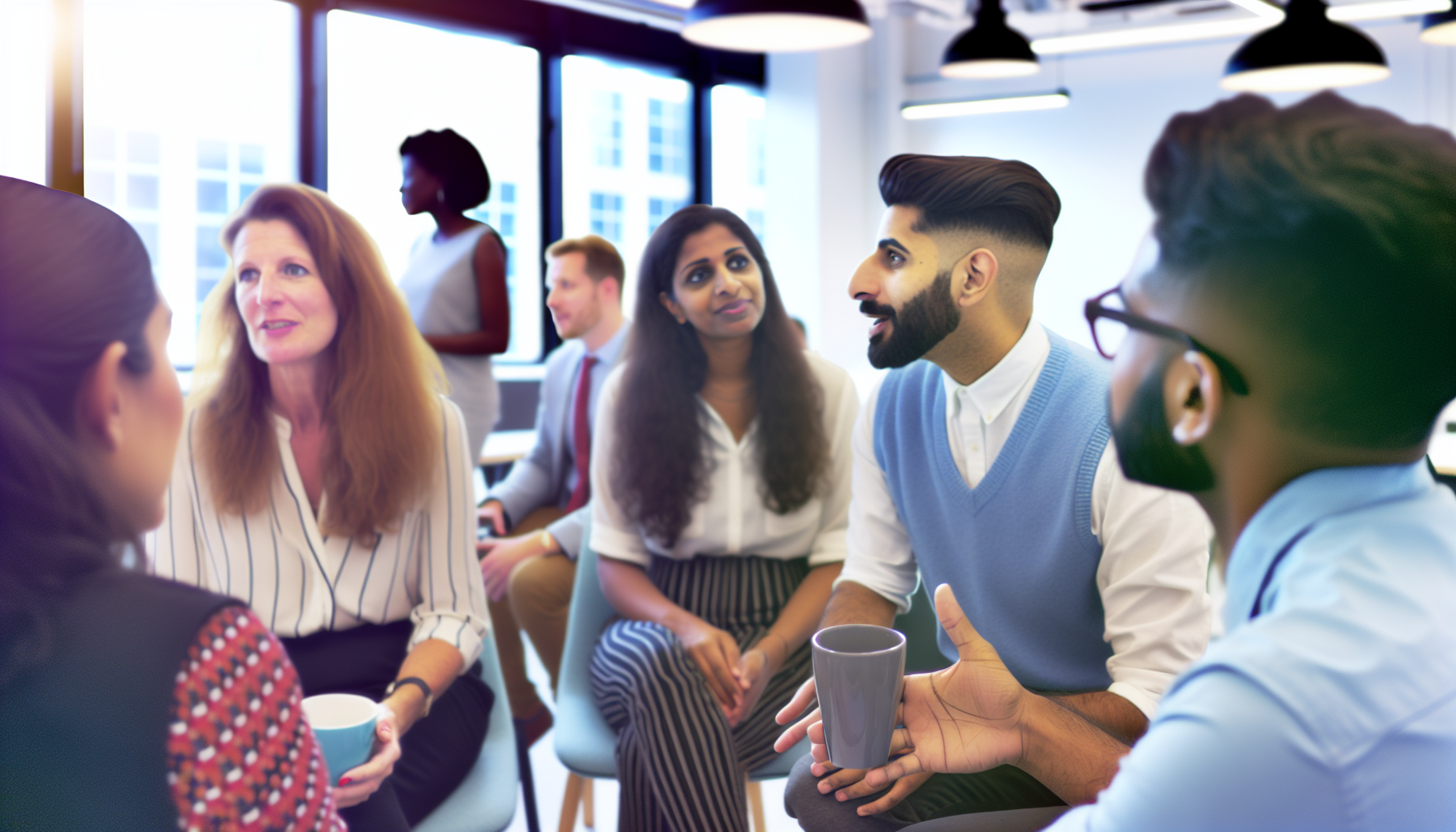 Relaxed discussion among UK professionals in a bright office.