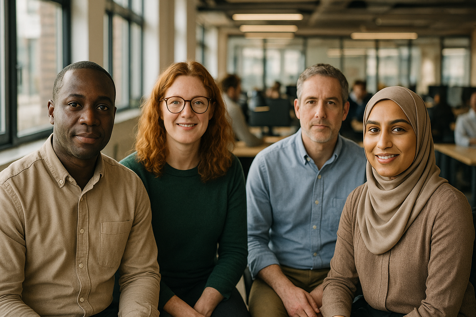 British professionals in a modern office discussing retraining UK
