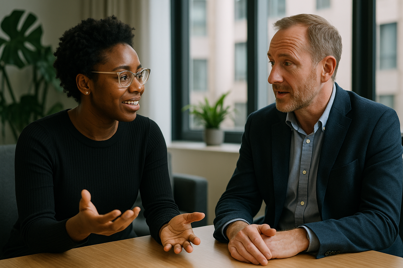 Two UK professionals discussing career next steps for retraining UK