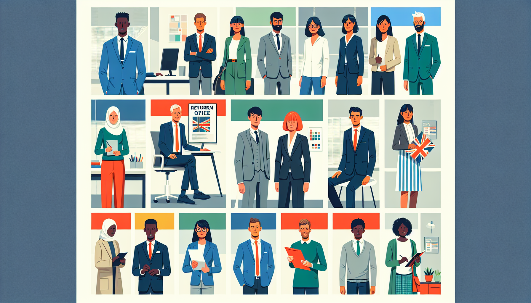 Diverse UK professionals in modern office setting