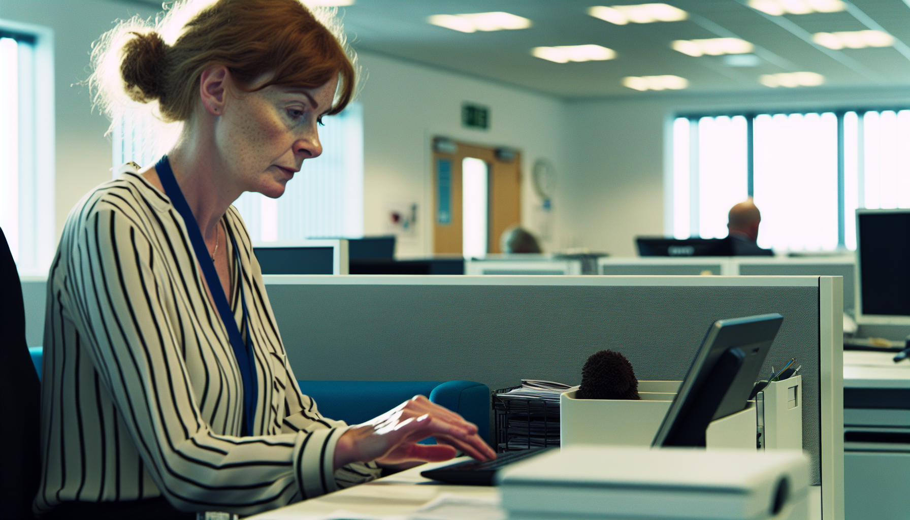 UK professional focused on work at a desk in a modern office