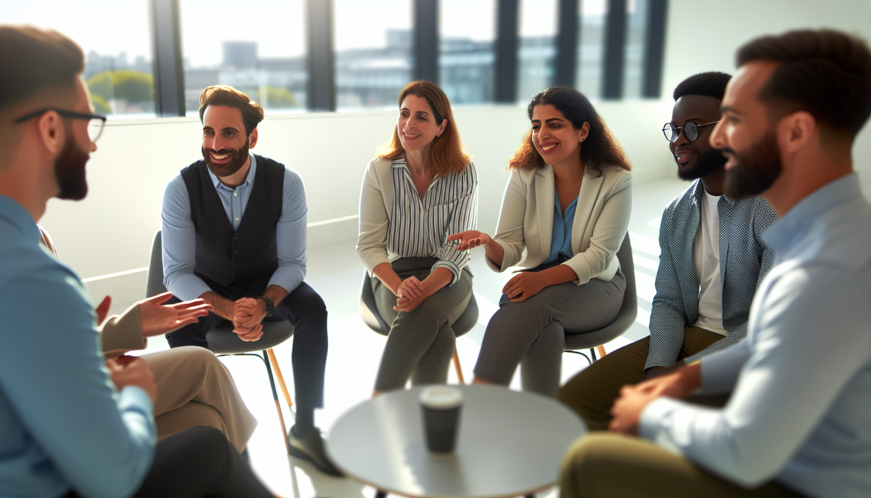 Diverse UK professionals engaged in a collaborative discussion