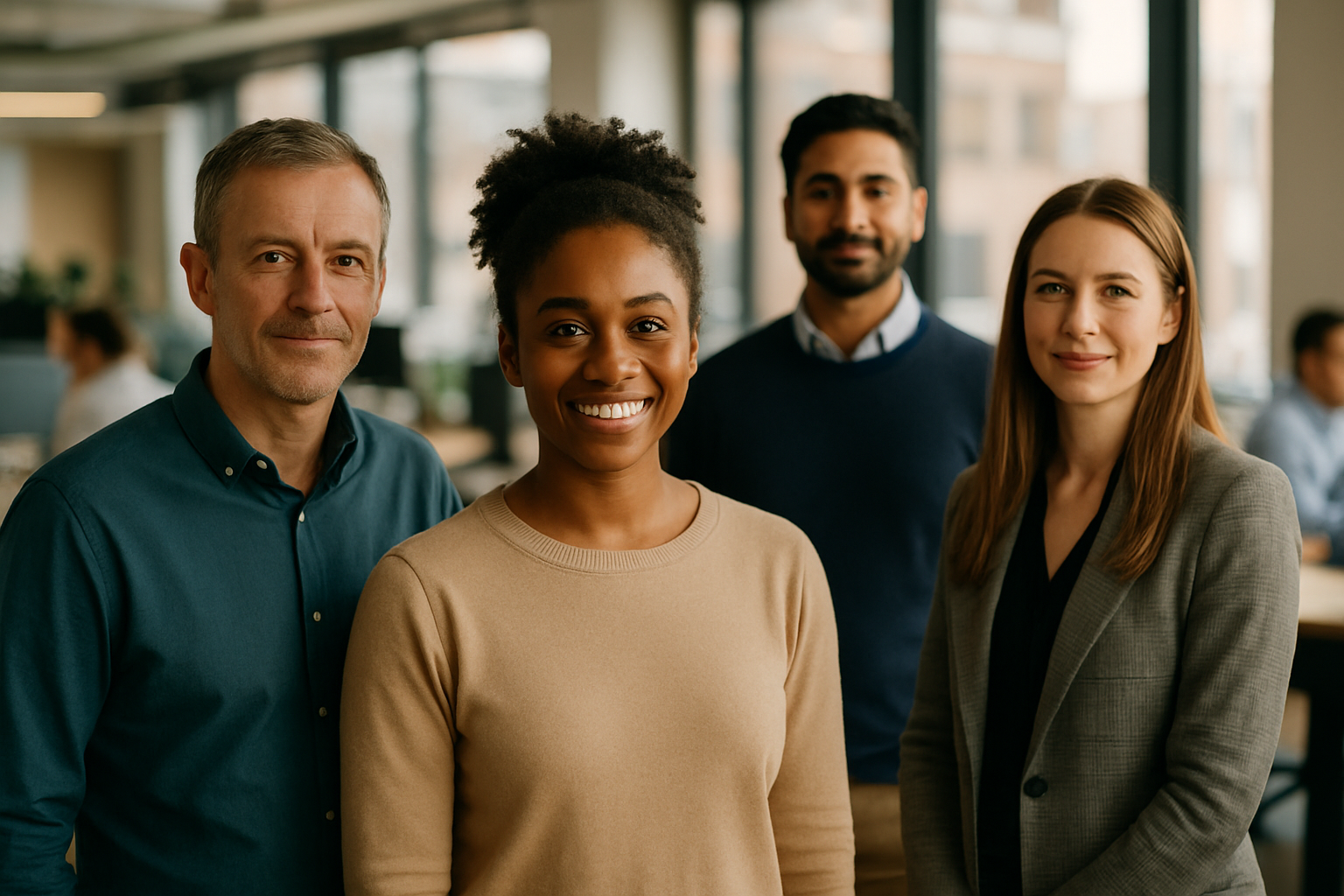 British professionals in a modern office discussing British expat return