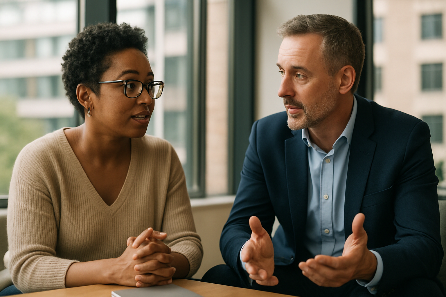 Two UK professionals discussing career next steps for British expat return