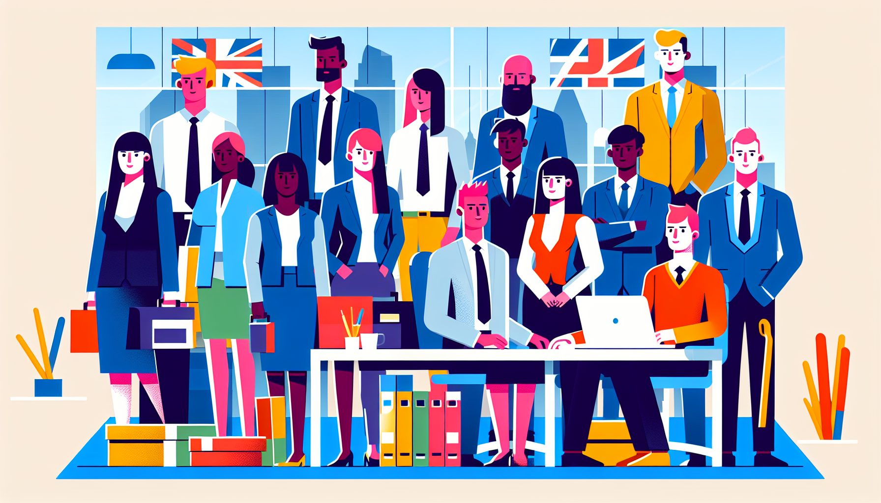 Diverse UK professionals in a modern office setting.