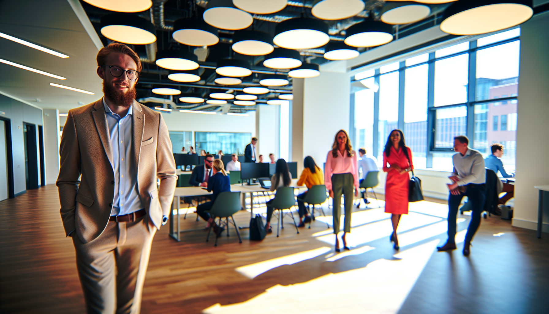 British professionals in business casual attire in a modern office.