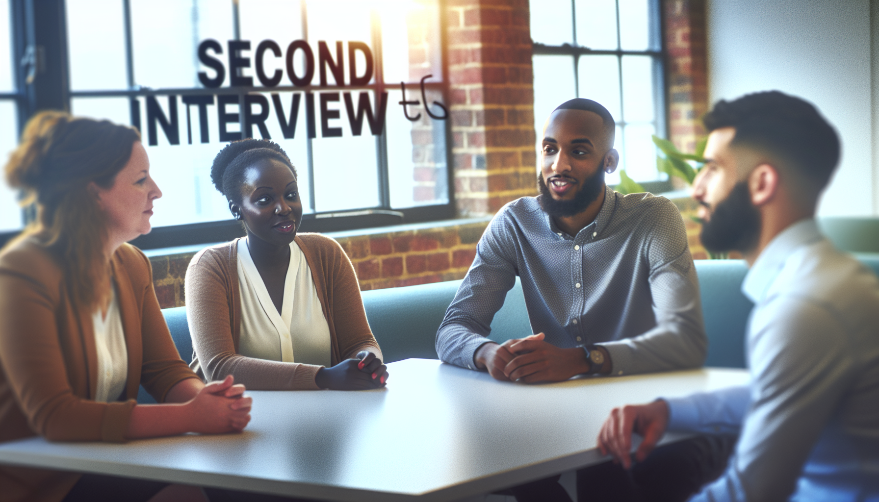 UK professionals discussing collaboratively in a bright modern office.
