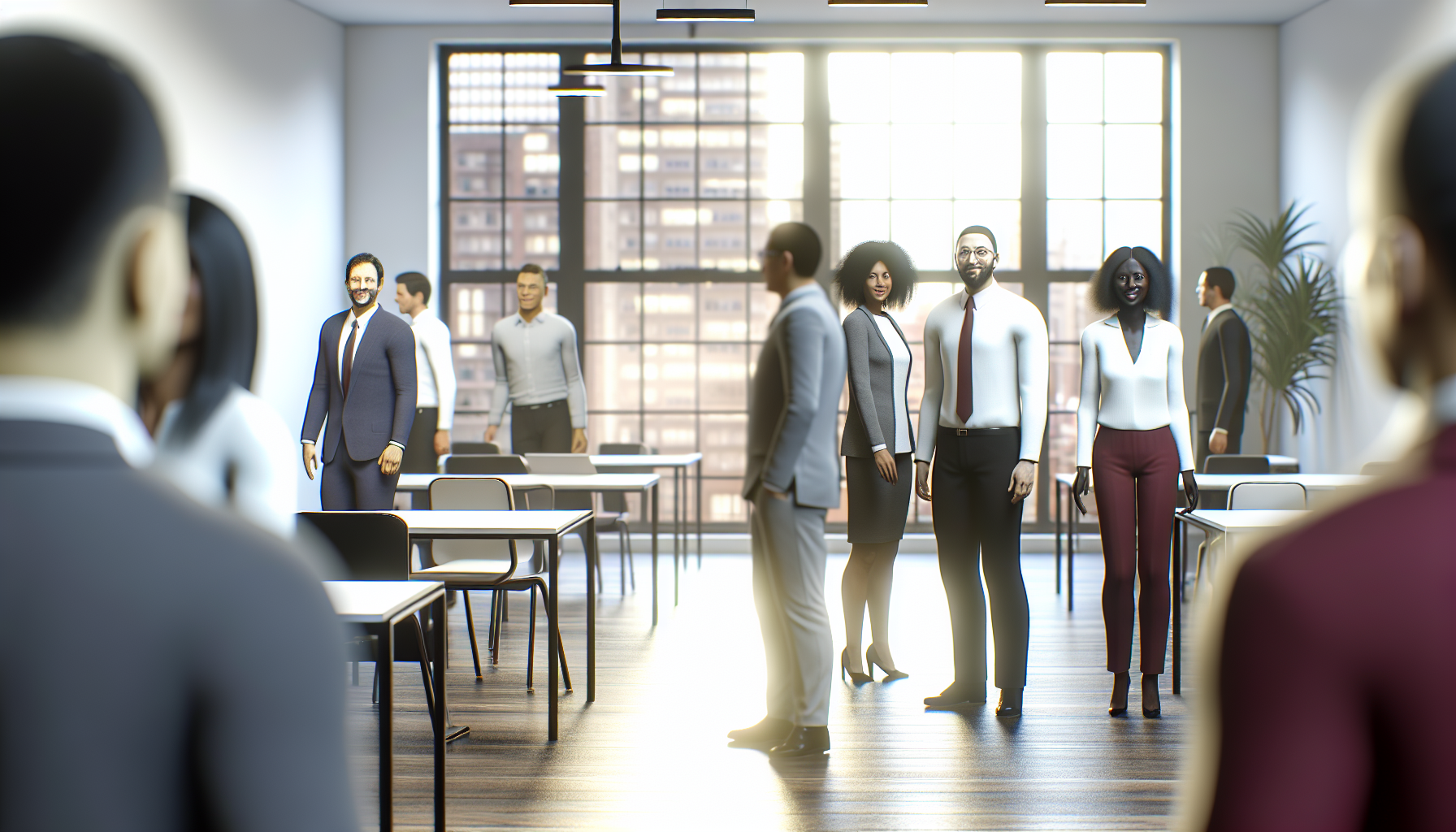 Diverse group of professionals in a modern UK office discussing secondment opportunities.