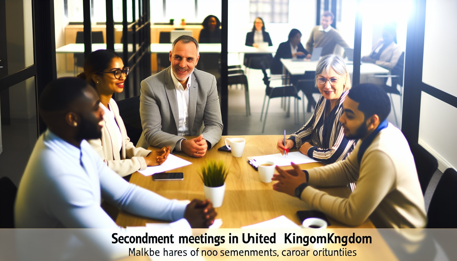 Team meeting in a UK office discussing secondment plans.