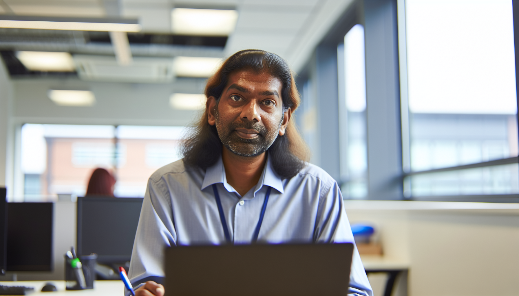 UK professional concentrating on work related to secondment tasks.