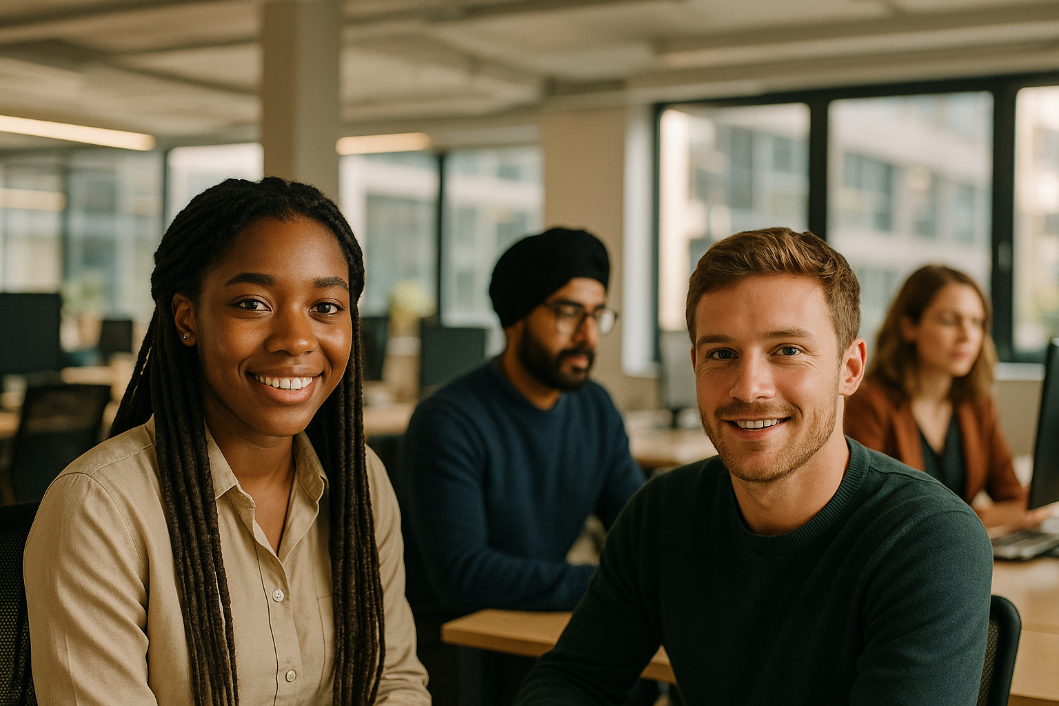 British professionals in a modern office discussing Graduate visa job UK