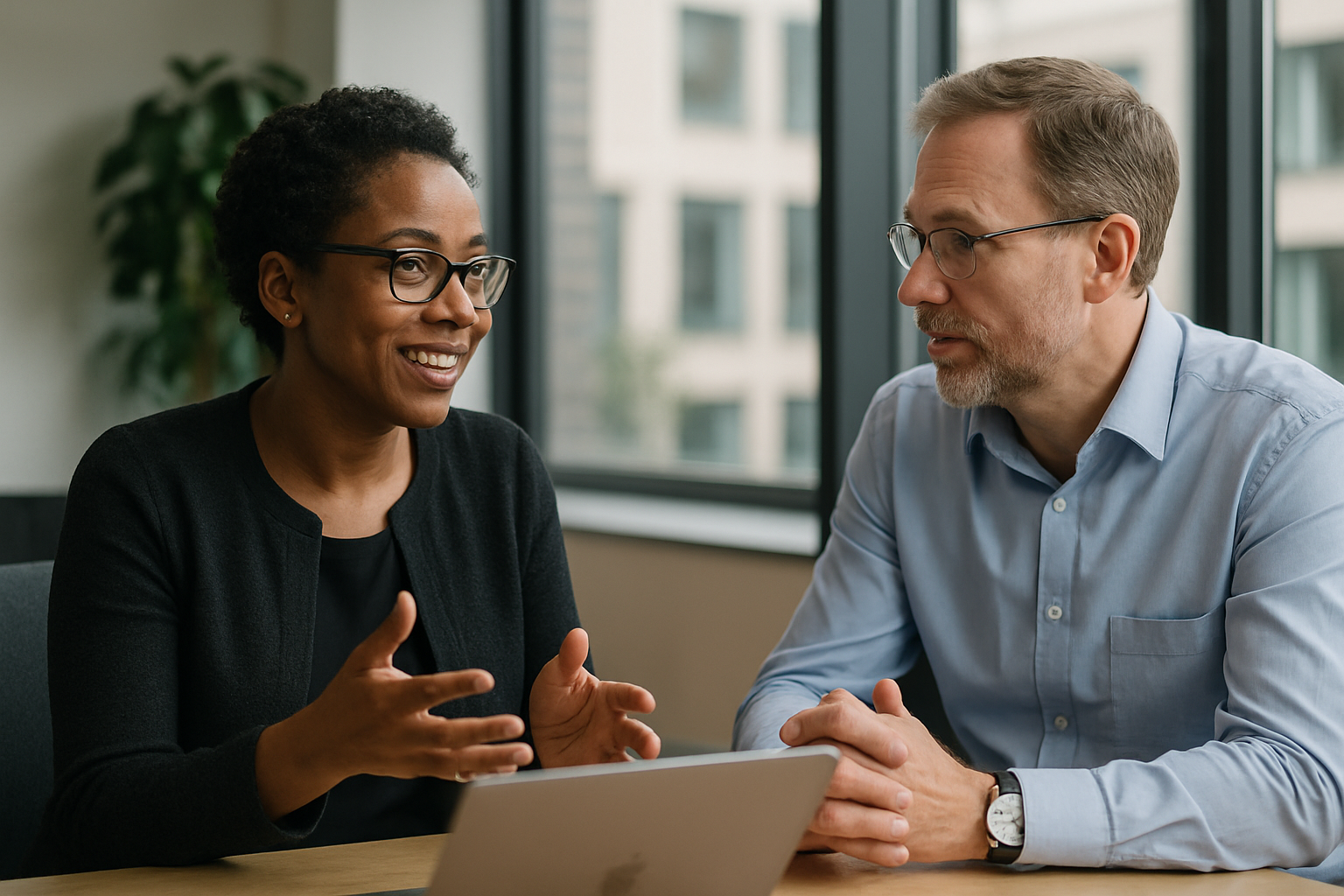 Two UK professionals discussing career next steps for Graduate visa job UK