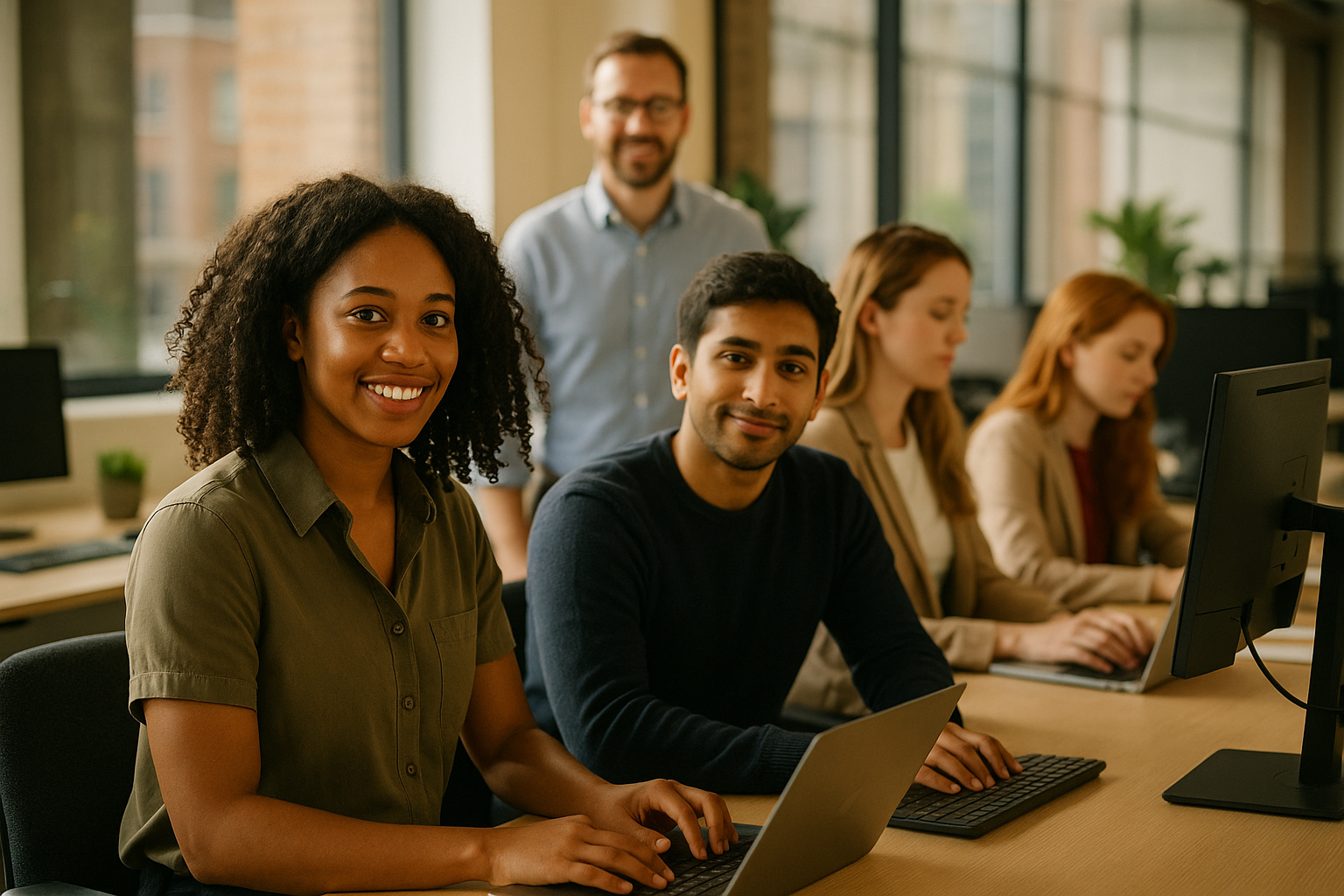British professionals in a modern office discussing summer internship UK