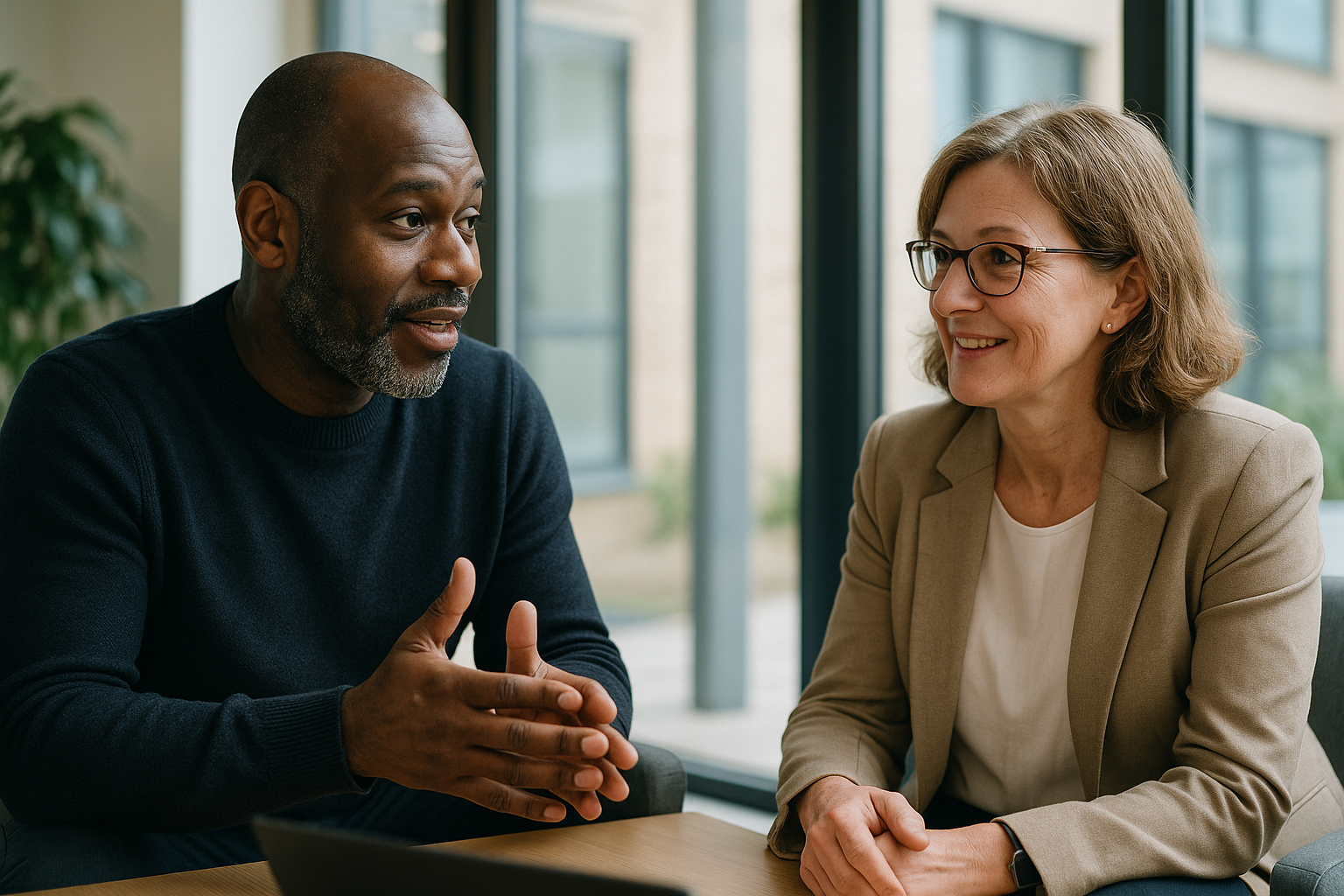 Two UK professionals discussing career next steps for summer internship UK