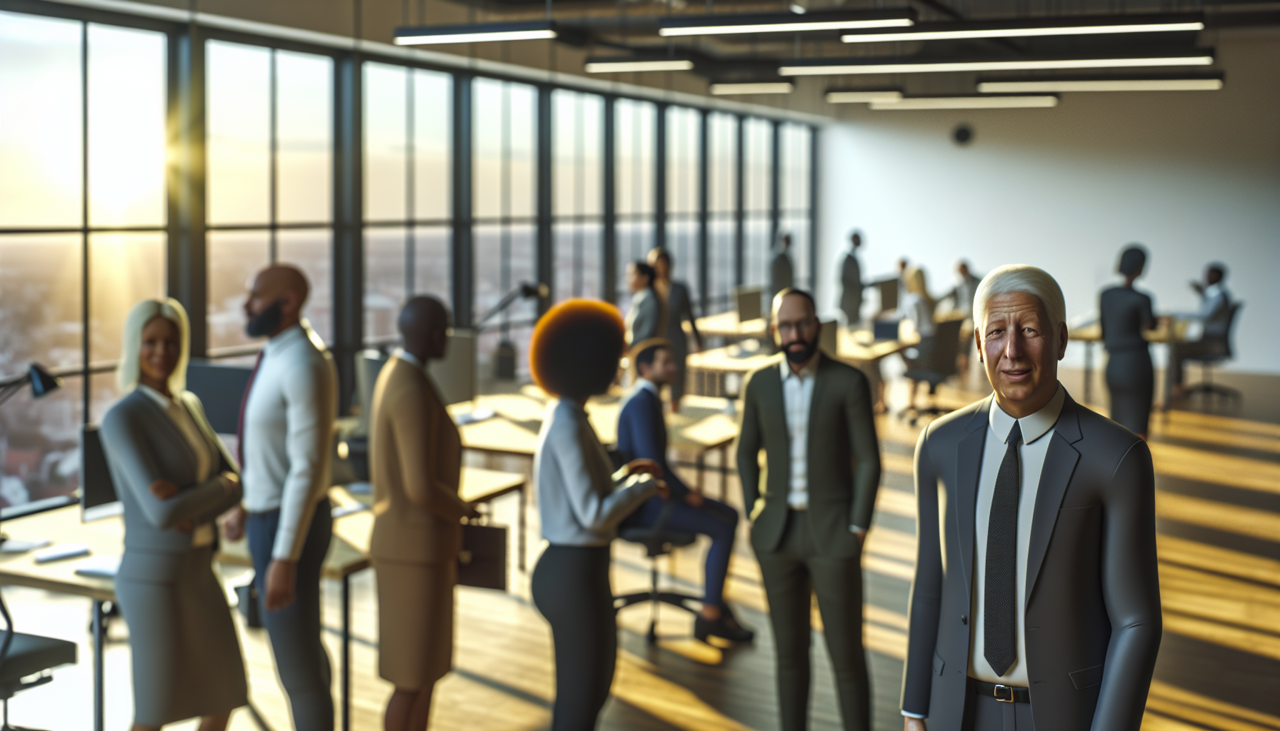 Diverse professionals in a modern UK office collaborating.