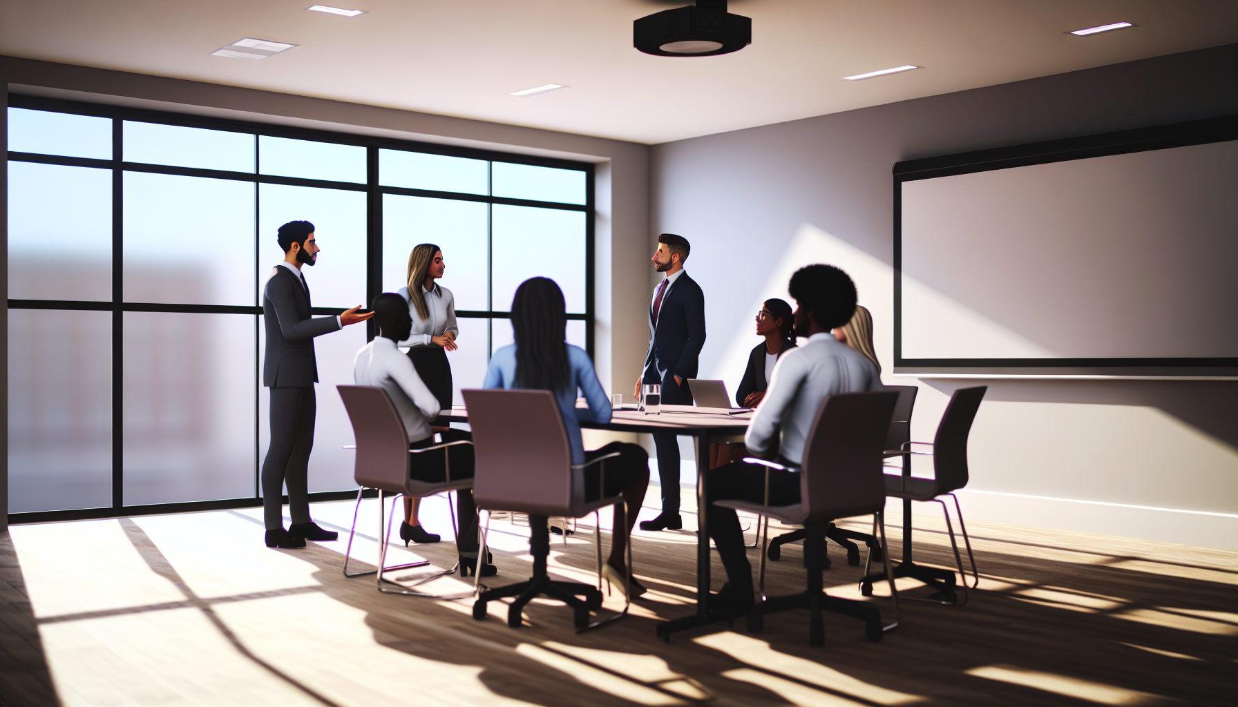 UK professionals in a team meeting discussing strategy.
