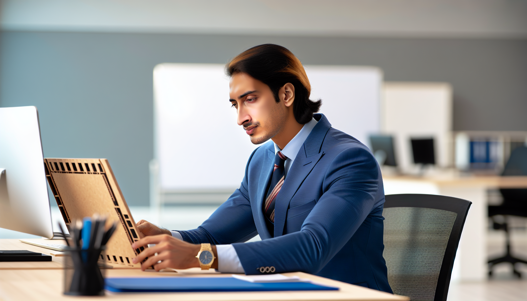 Professional focusing on a project at their desk in a UK office.