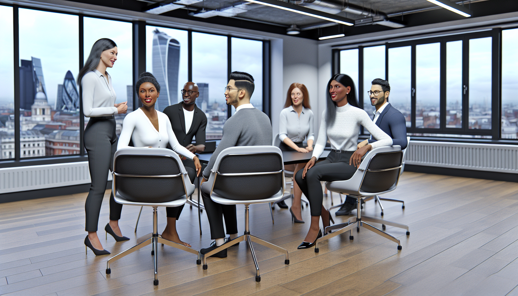 Team engaged in a collaborative discussion in a UK office.