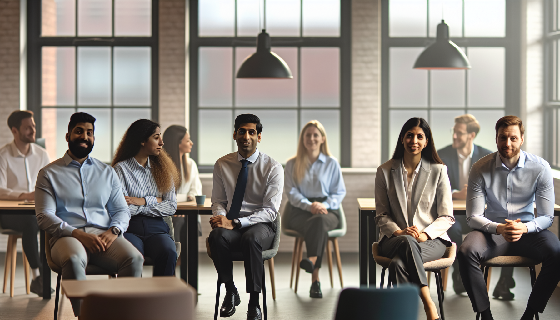 Diverse UK professionals in a modern office discussing shared parental leave