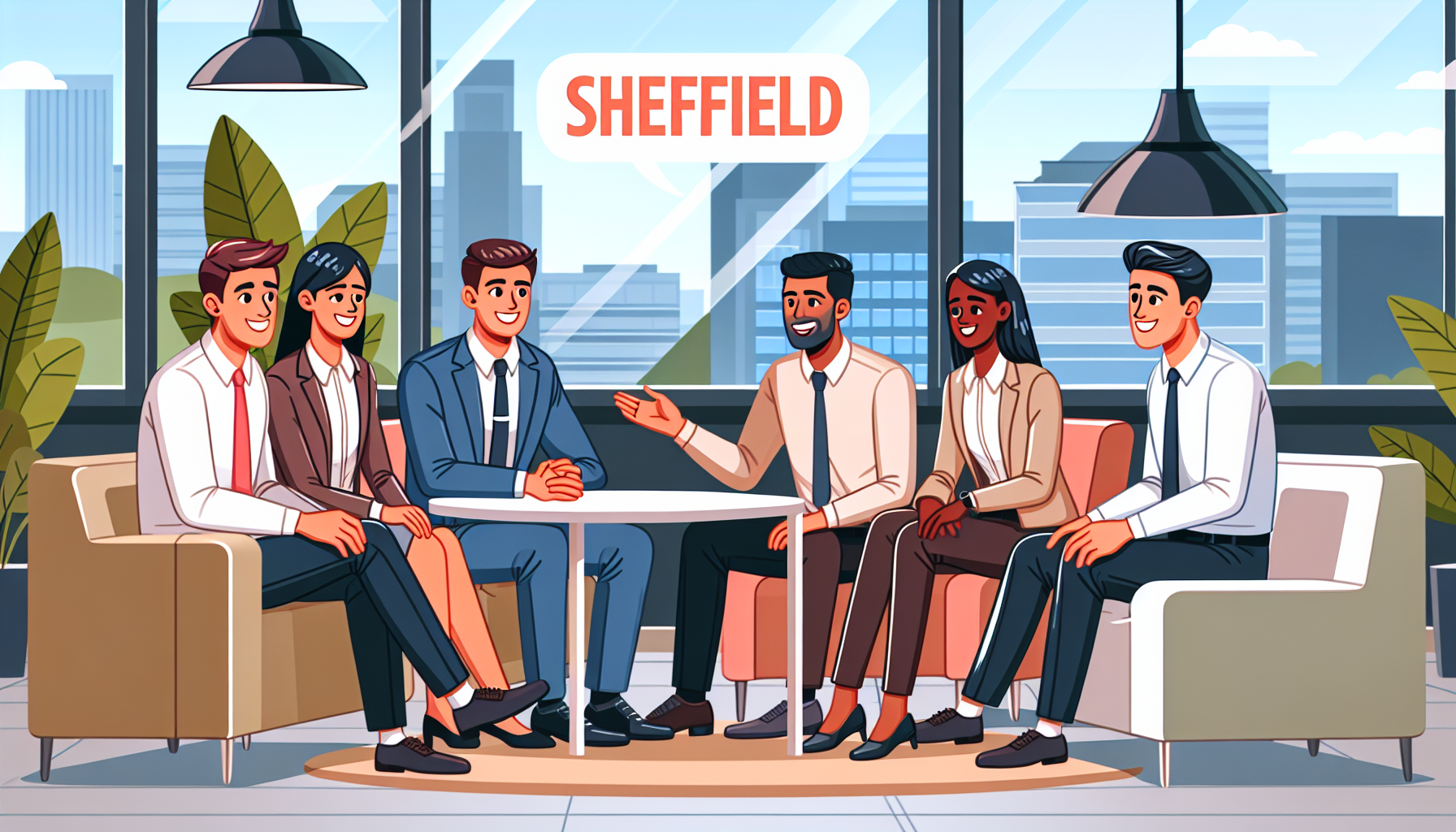 Group discussion among UK professionals in Sheffield.