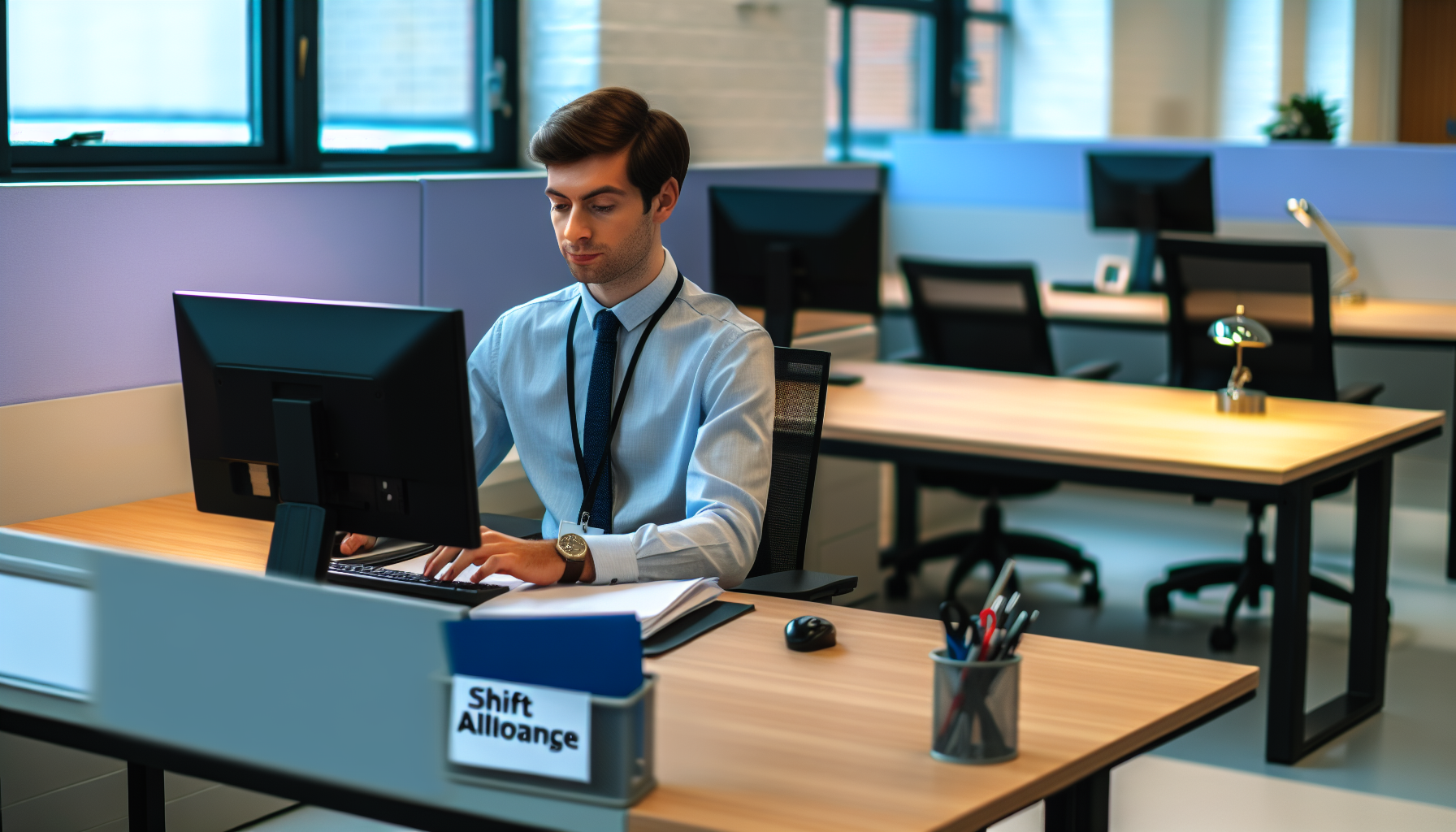 Professional working at a desk in a UK office