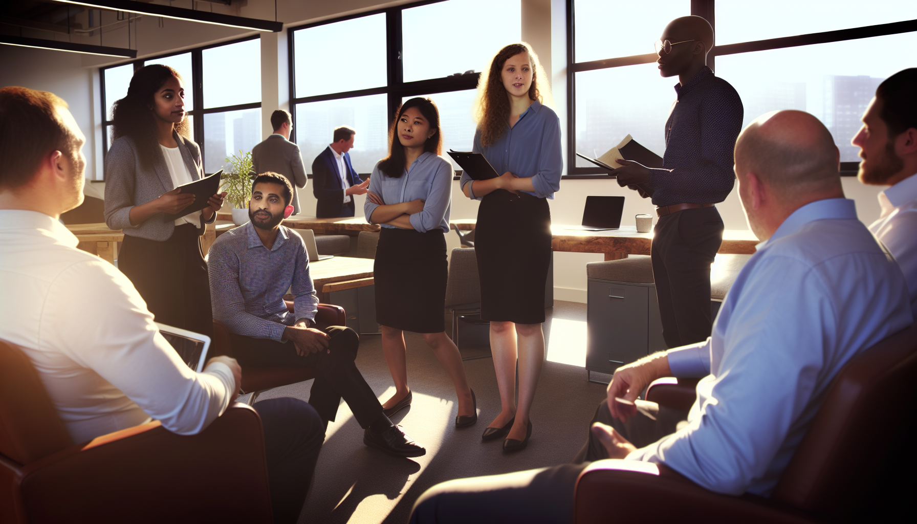 British professionals discussing sick pay policies in an office