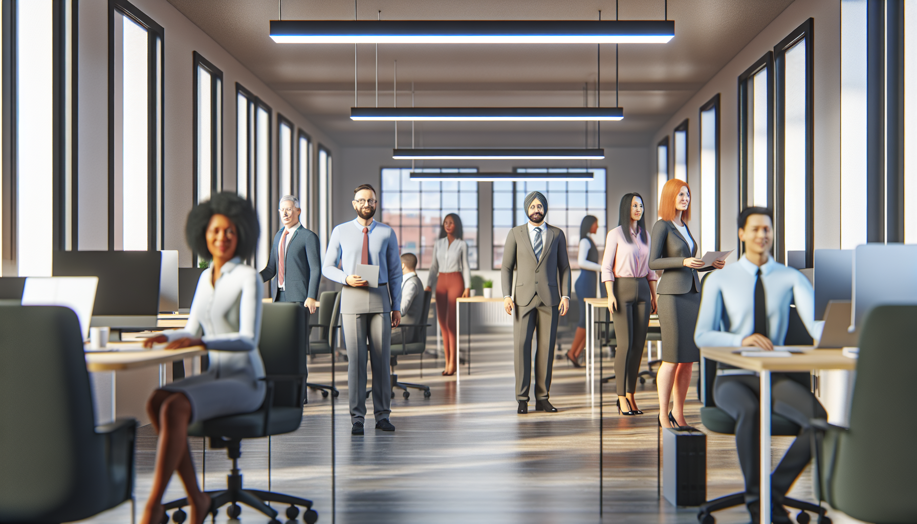 Diverse UK professionals collaborating in an open-plan office.