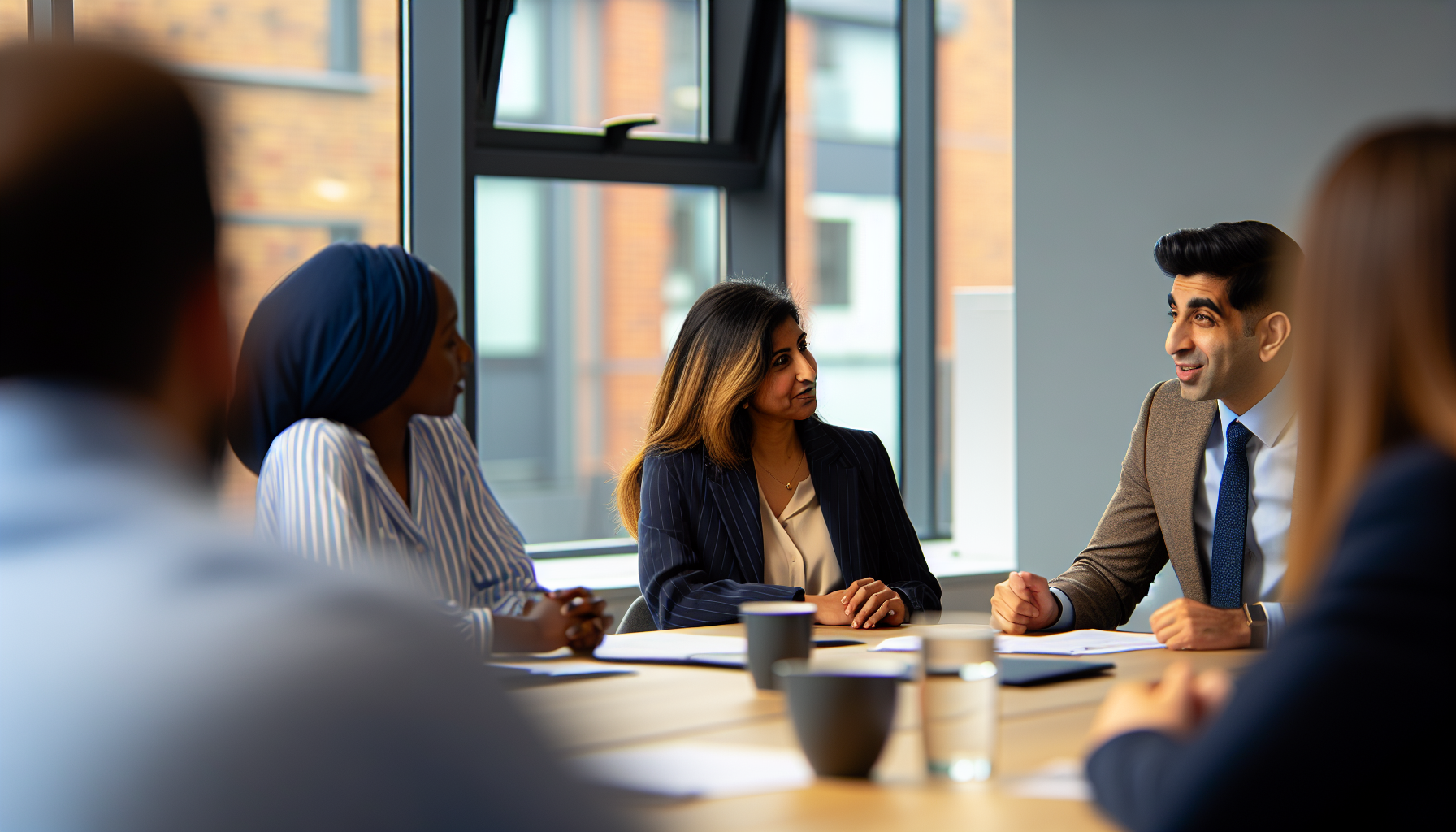Team meeting with diverse UK professionals in a modern office.