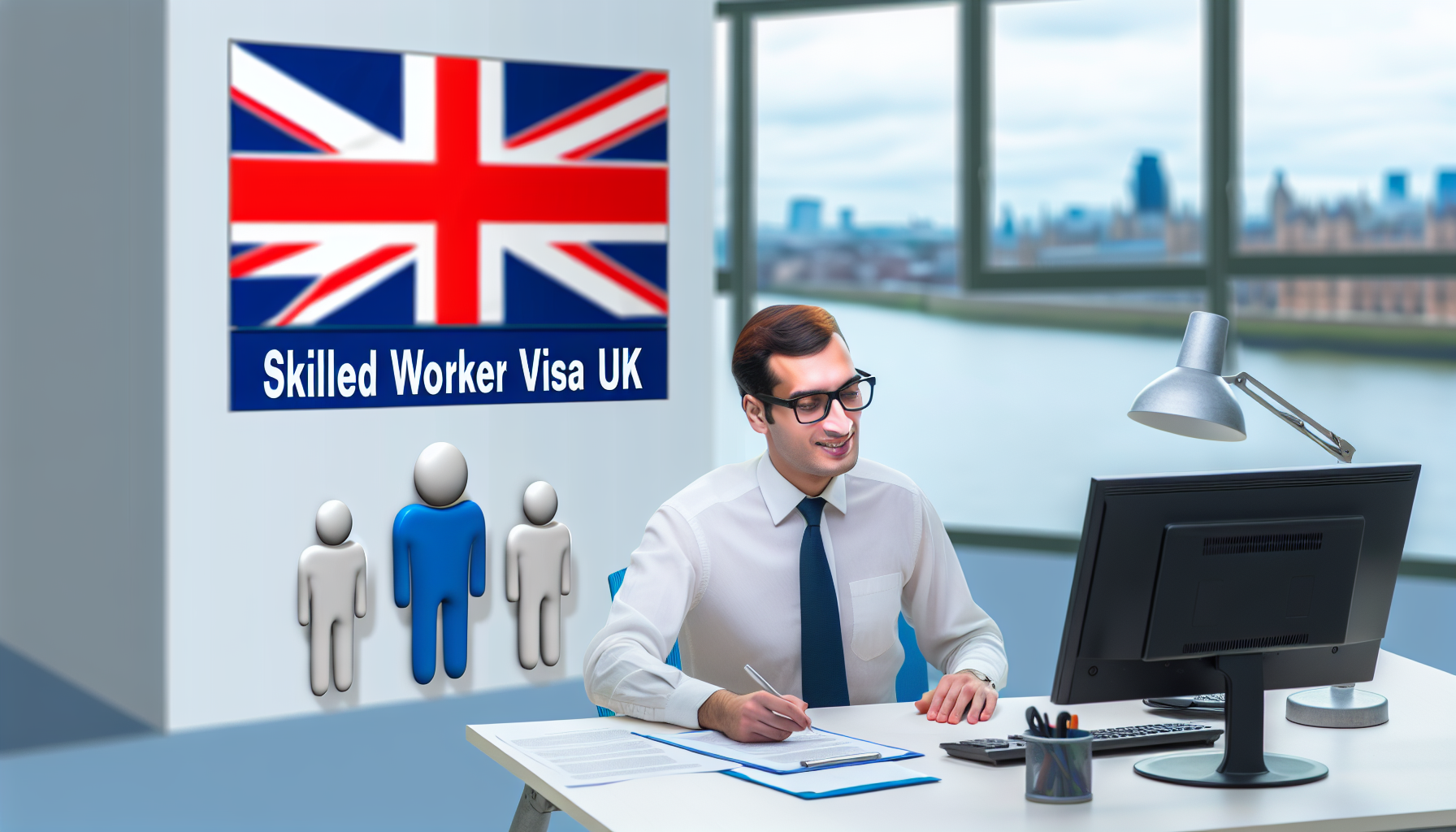 UK professional working at desk in modern office environment.