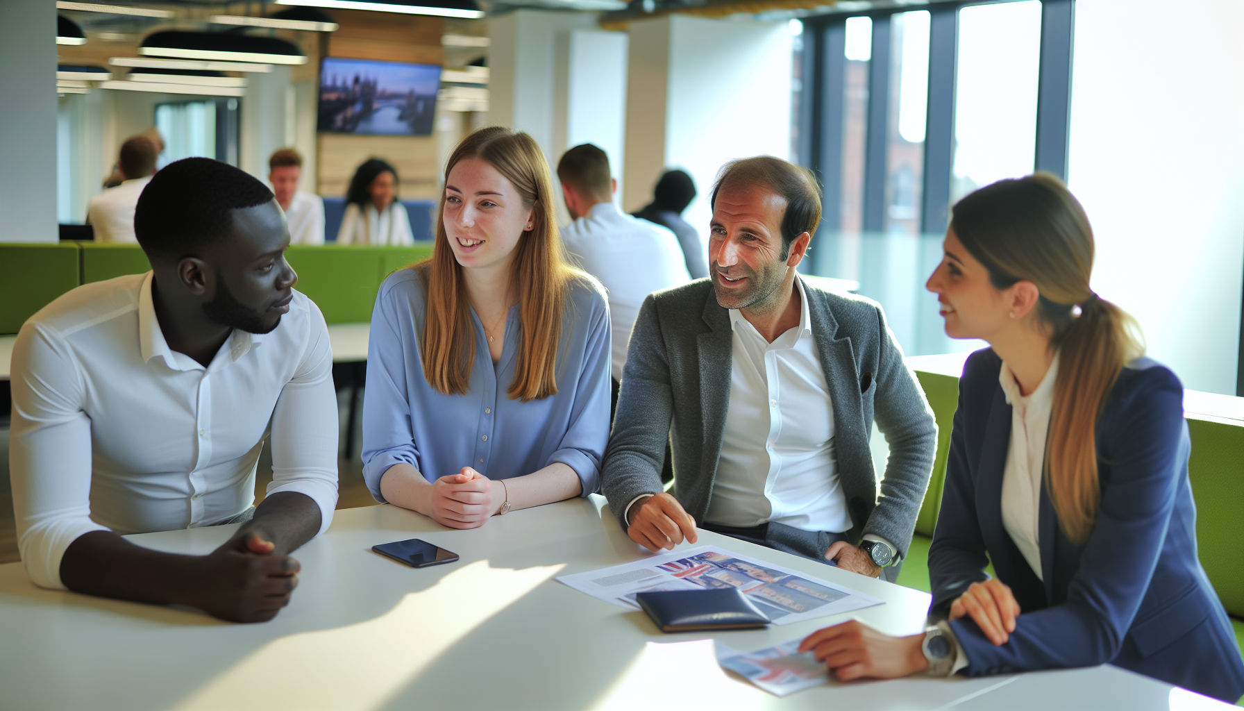 UK professionals in a collaborative discussion in a bright office.