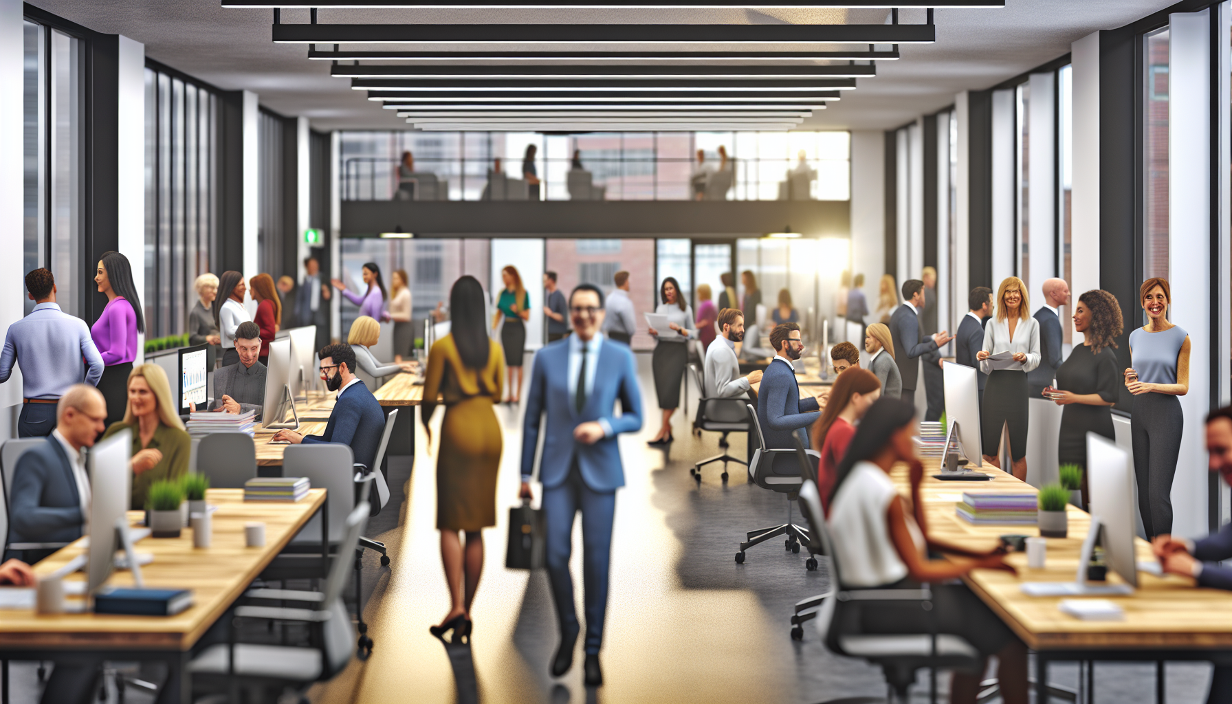 Diverse British professionals working in a modern open-plan office.
