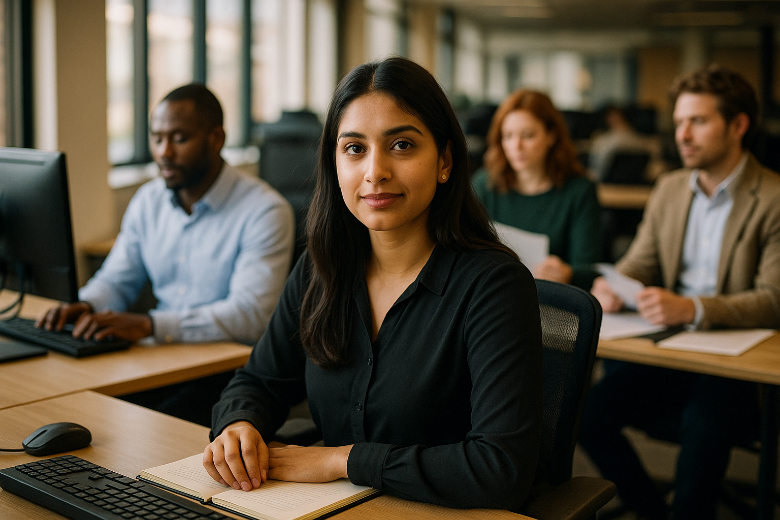 British professionals in a modern office discussing paralegal