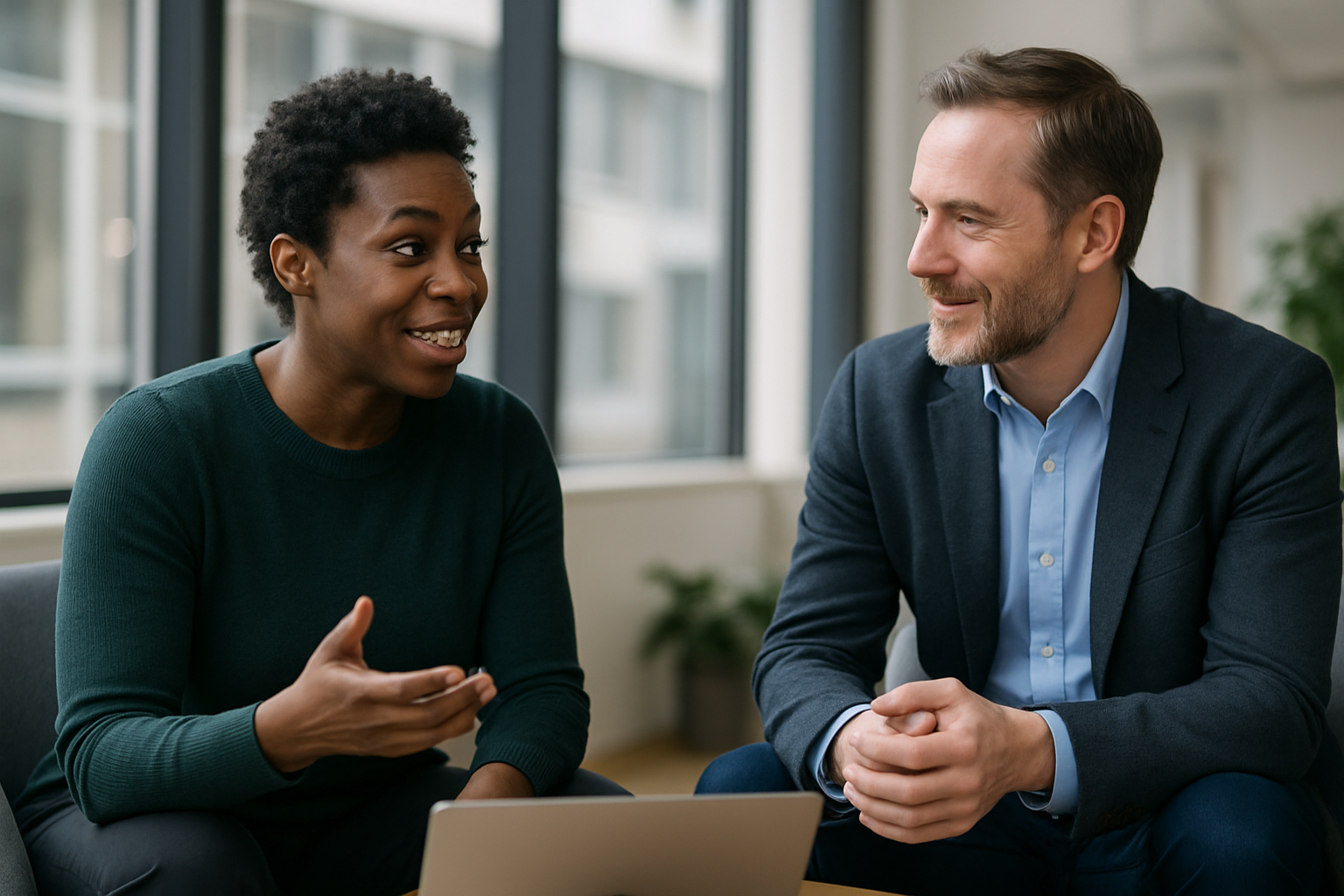 Two UK professionals discussing career next steps for paralegal