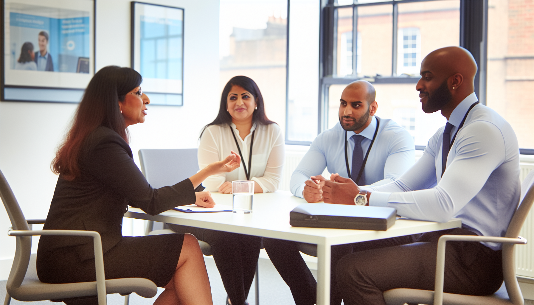 Diverse UK team in a collaborative office discussion setting