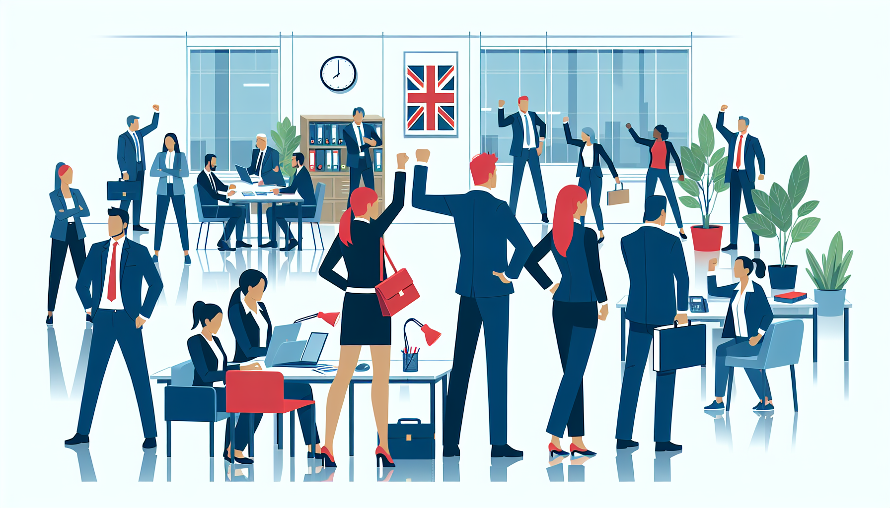 Illustration of diverse UK professionals in an office discussing strike action