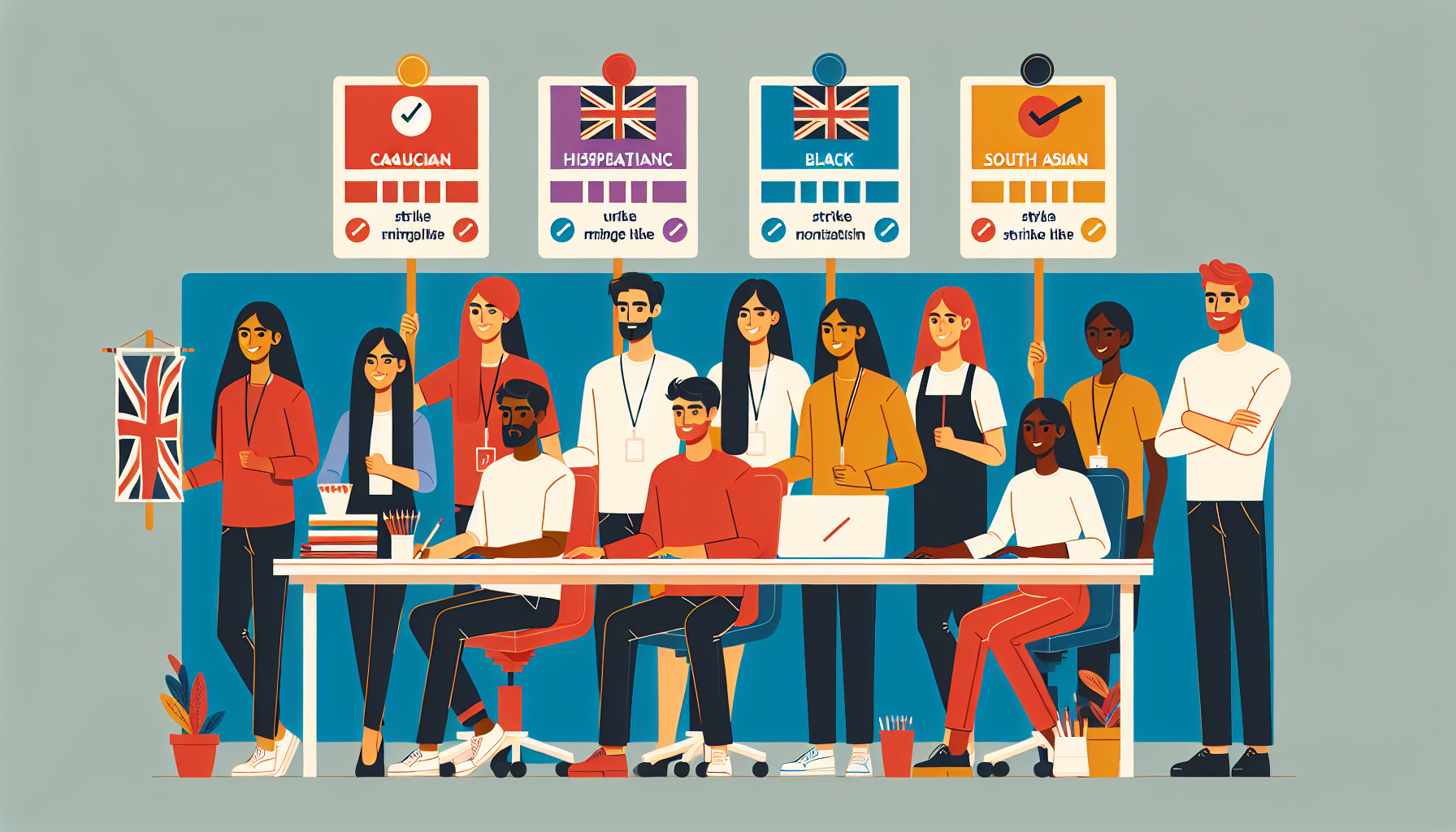 UK workplace team collaborating on strike action tasks