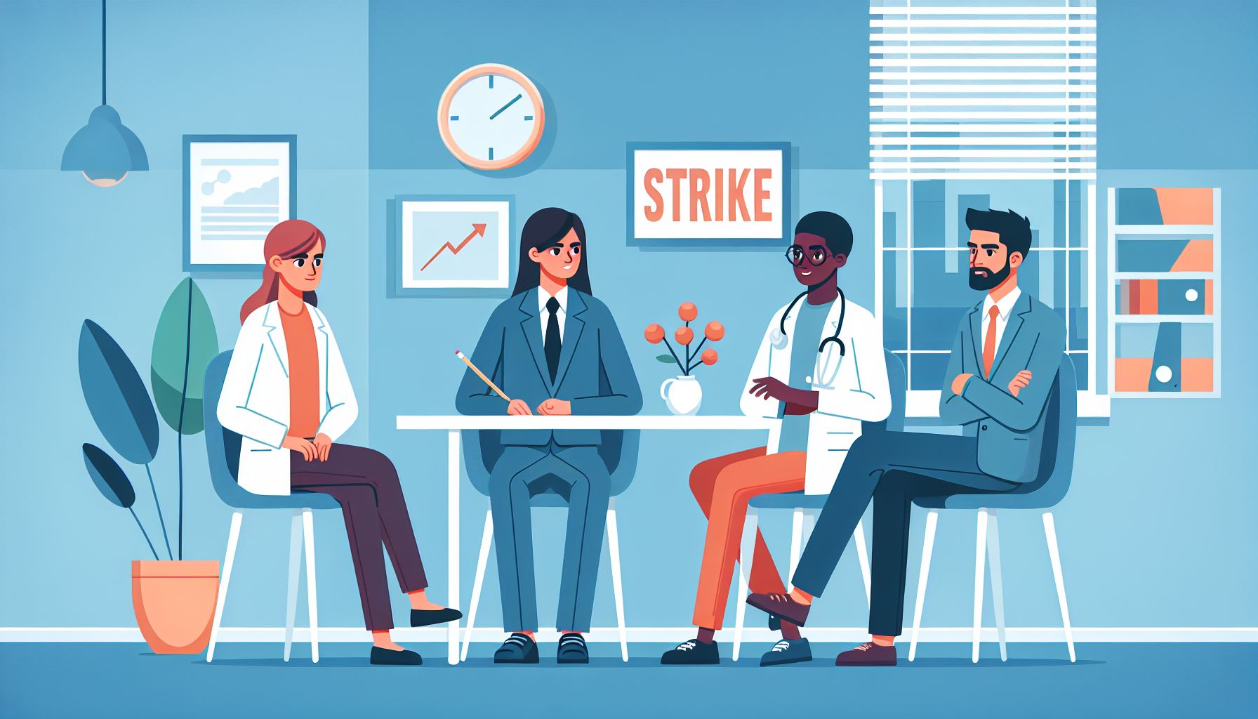 Group of UK professionals discussing strike action in office