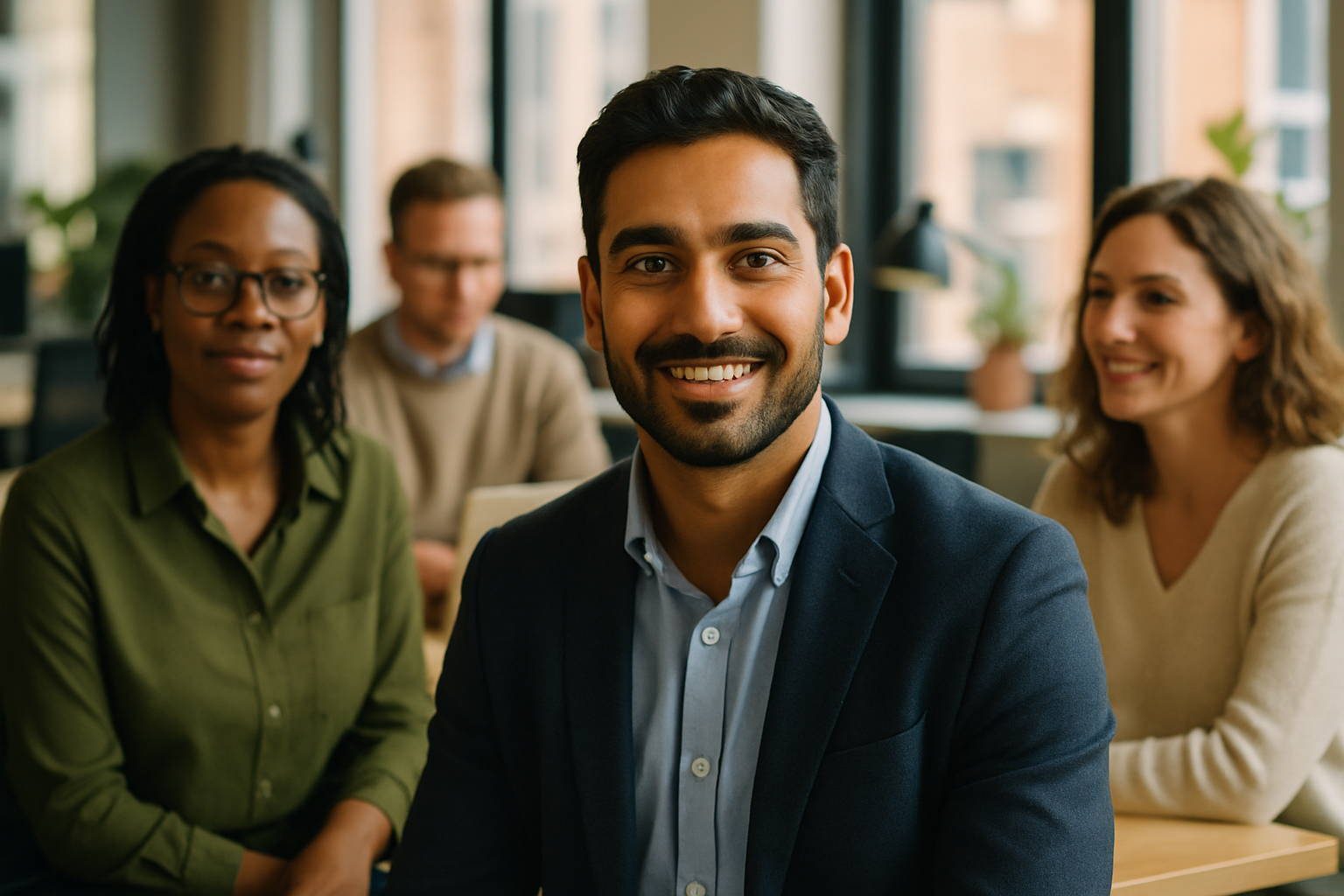 British professionals in a modern office discussing Business development executive UK