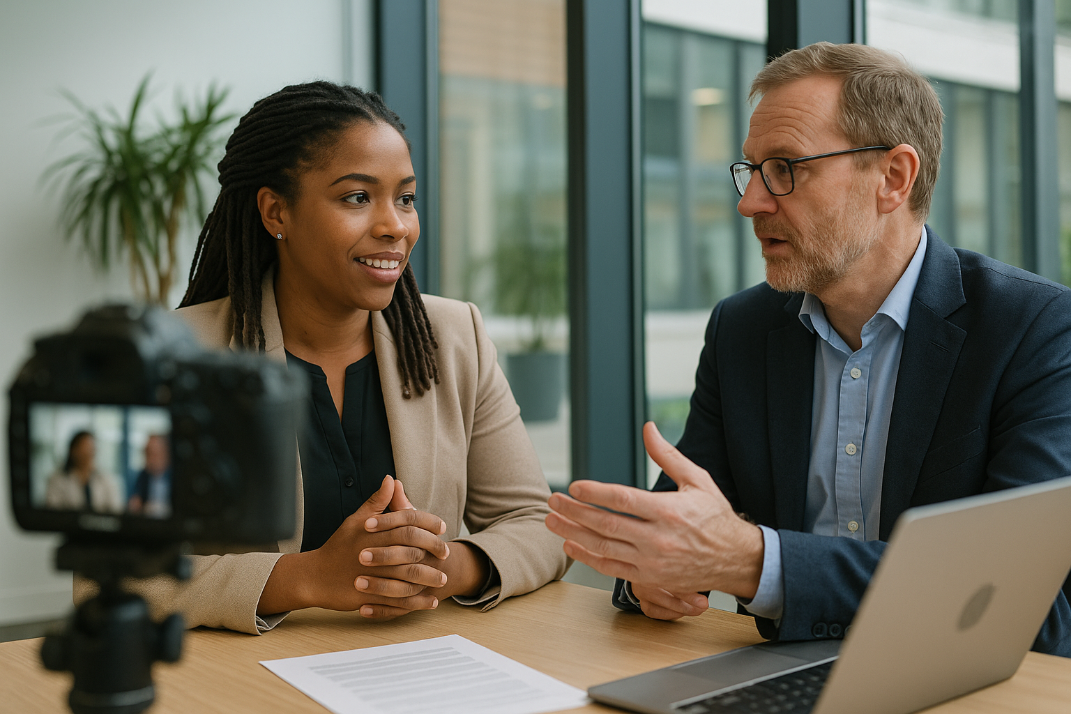Two UK professionals discussing career next steps for Business development executive UK