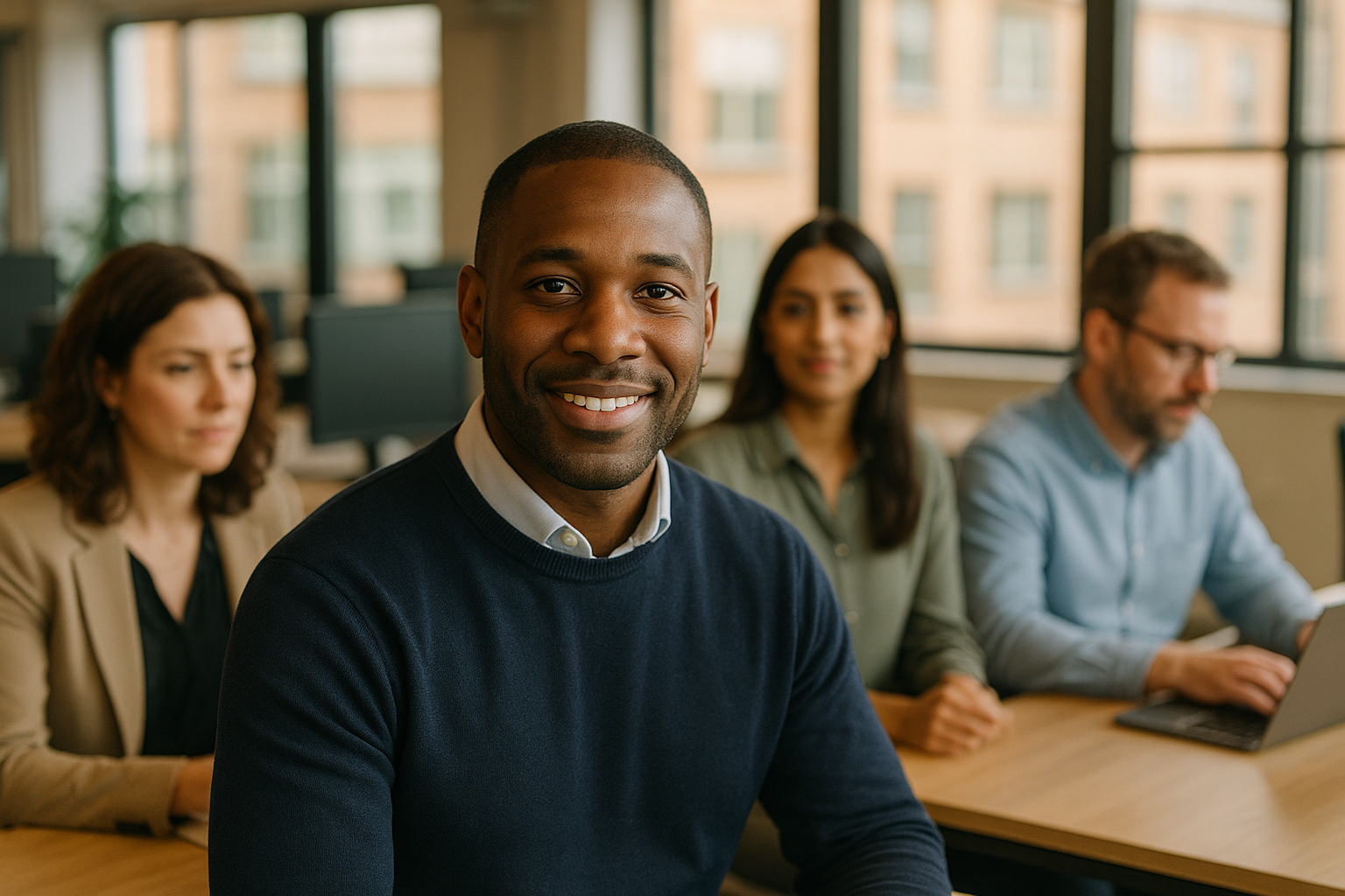 British professionals in a modern office discussing HR business partner UK