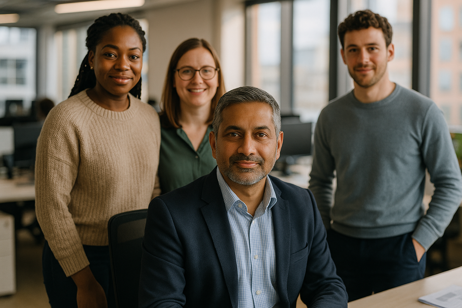 British professionals in a modern office discussing family business executive UK